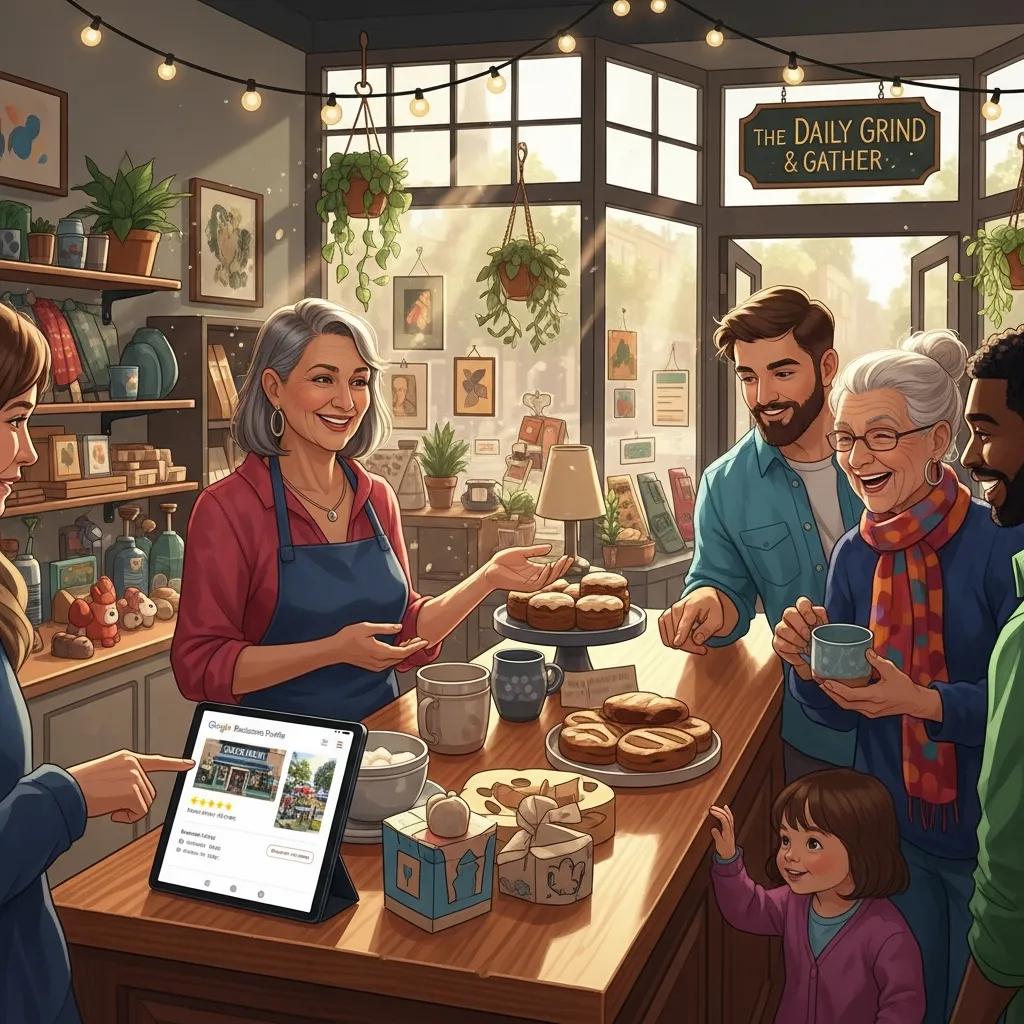 Local business owner engaging with customers while showcasing Google Business Profile on a tablet