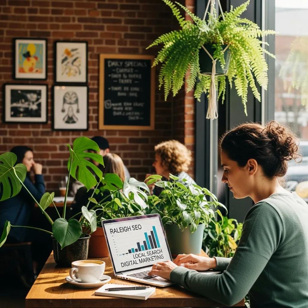 Local business owner in Raleigh working on SEO strategies in a coffee shop