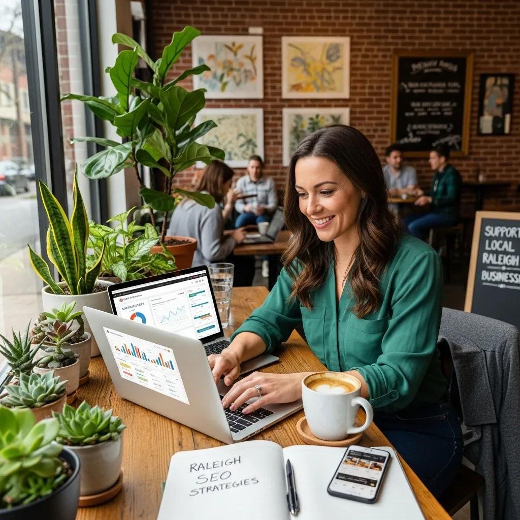 Local business owner in Raleigh working on SEO strategies in a coffee shop