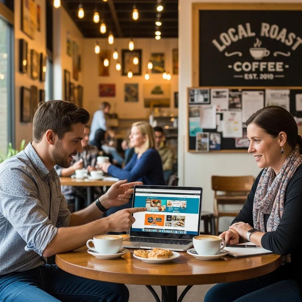 Local web designer collaborating with a small business owner on website design
