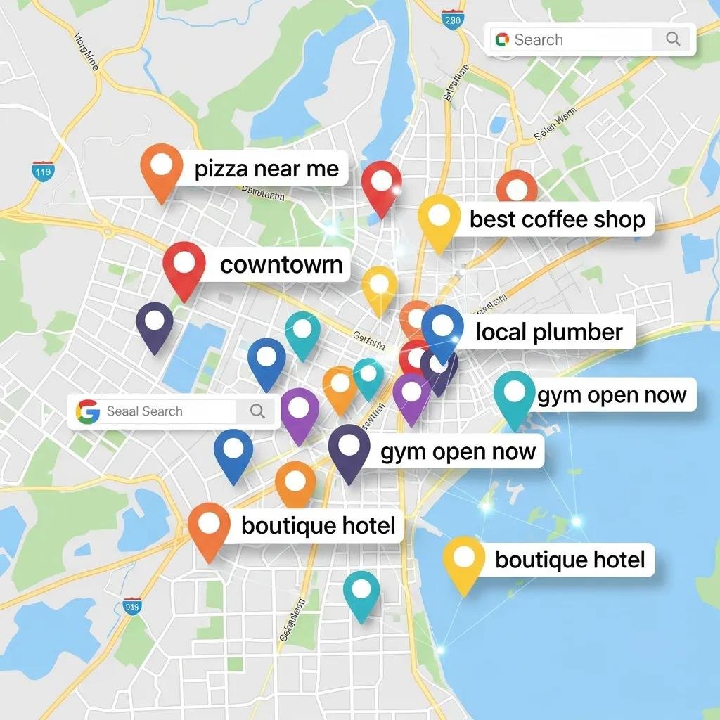 Map illustrating geo keyword strategy with location pins and highlighted keywords for local SEO