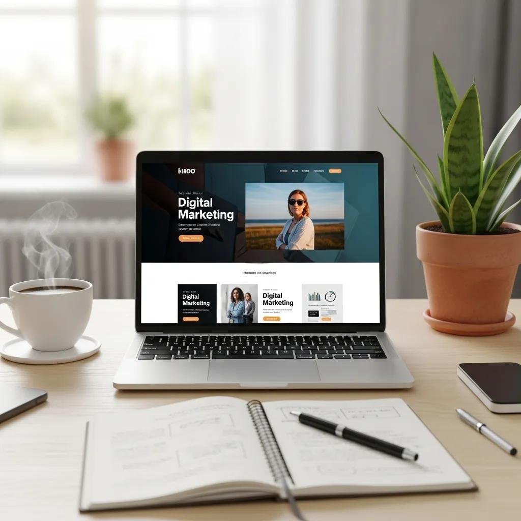 Modern digital workspace with a laptop showing a landing page design, coffee cup, and notepad