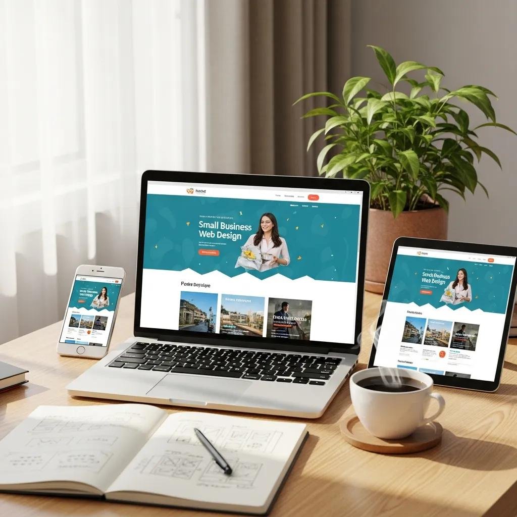 Modern workspace with a laptop showing custom web design, coffee cup, and notepad