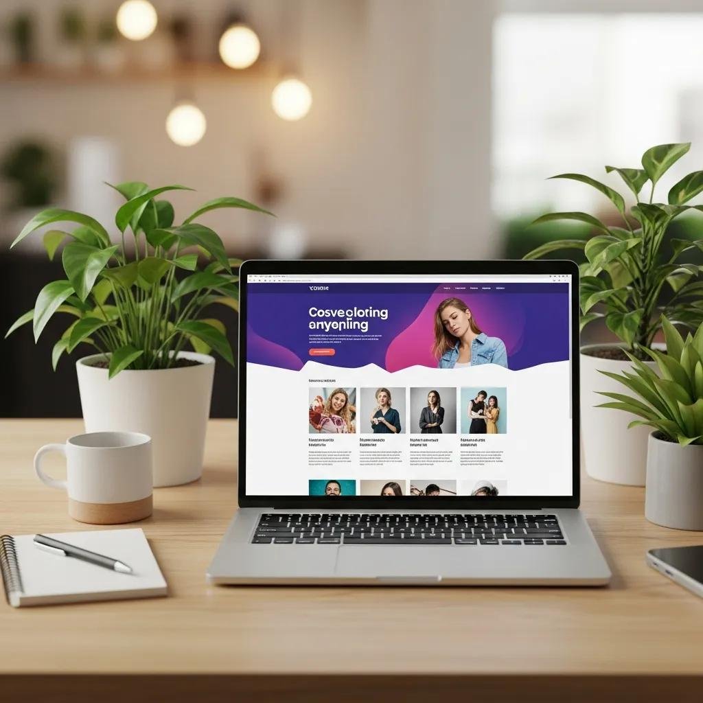 Modern workspace with a laptop showing web design, coffee cup, and plants