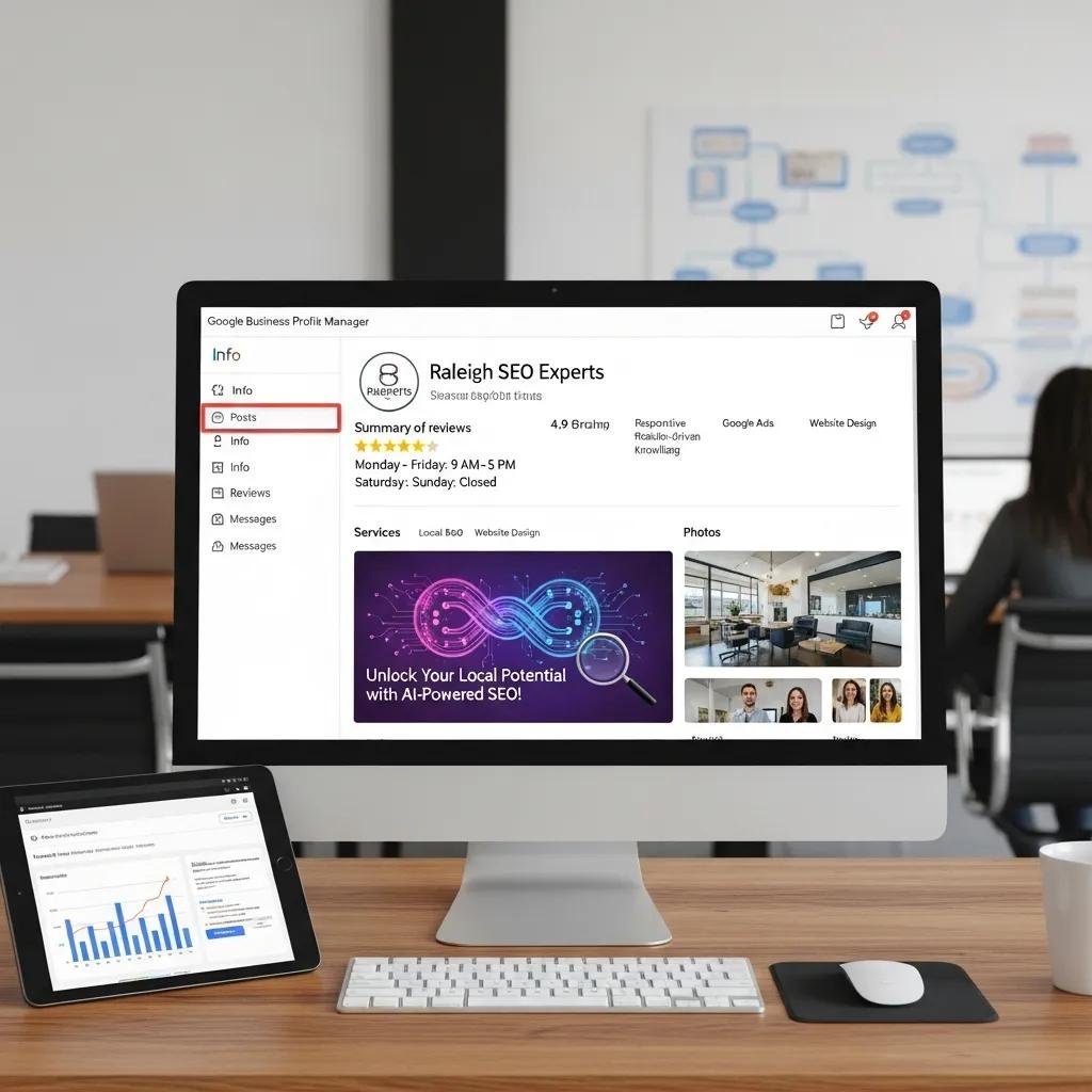 Optimized Google Business Profile on a computer screen, showcasing AI usage for local businesses
