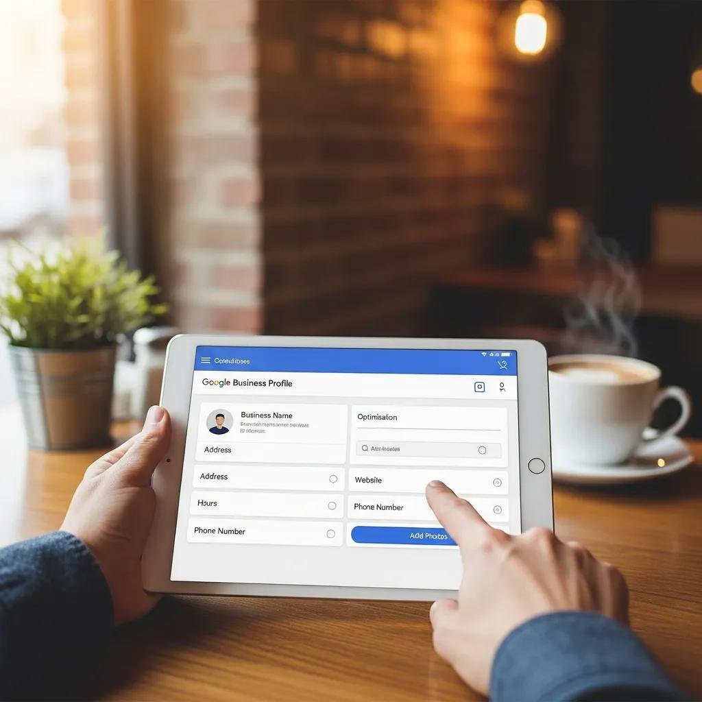 Optimizing Google Business Profile on a tablet in a local café setting