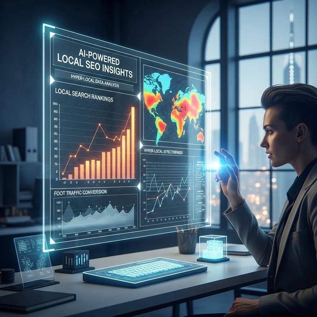 Person analyzing AI-driven local SEO analytics in a modern workspace