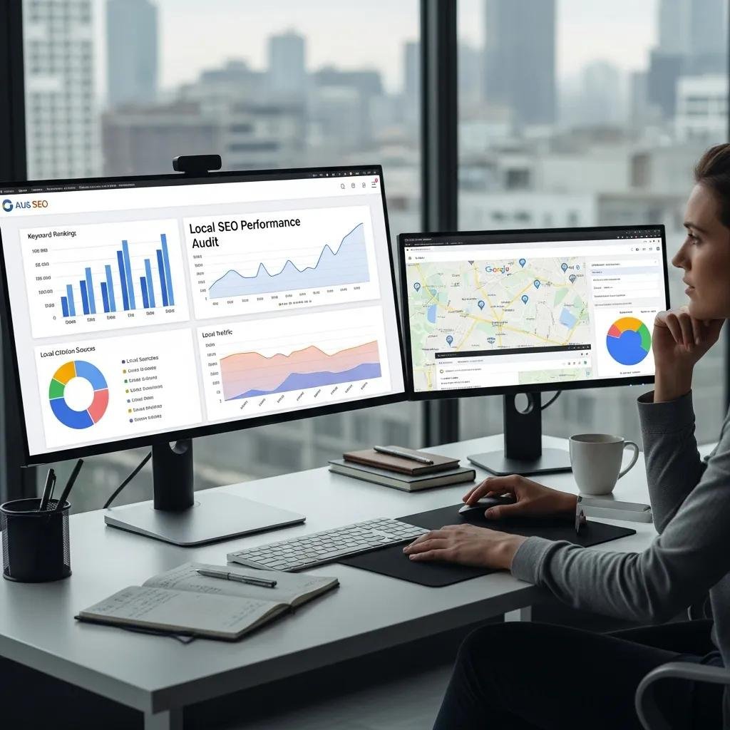 Person analyzing local SEO data on a computer screen in a modern office setting