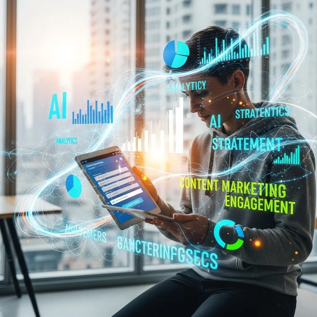 Person generating content ideas using AI tools in a creative workspace