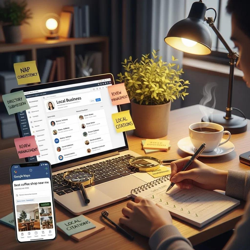 Person reviewing business listings for citation management in a cozy workspace, emphasizing local SEO design