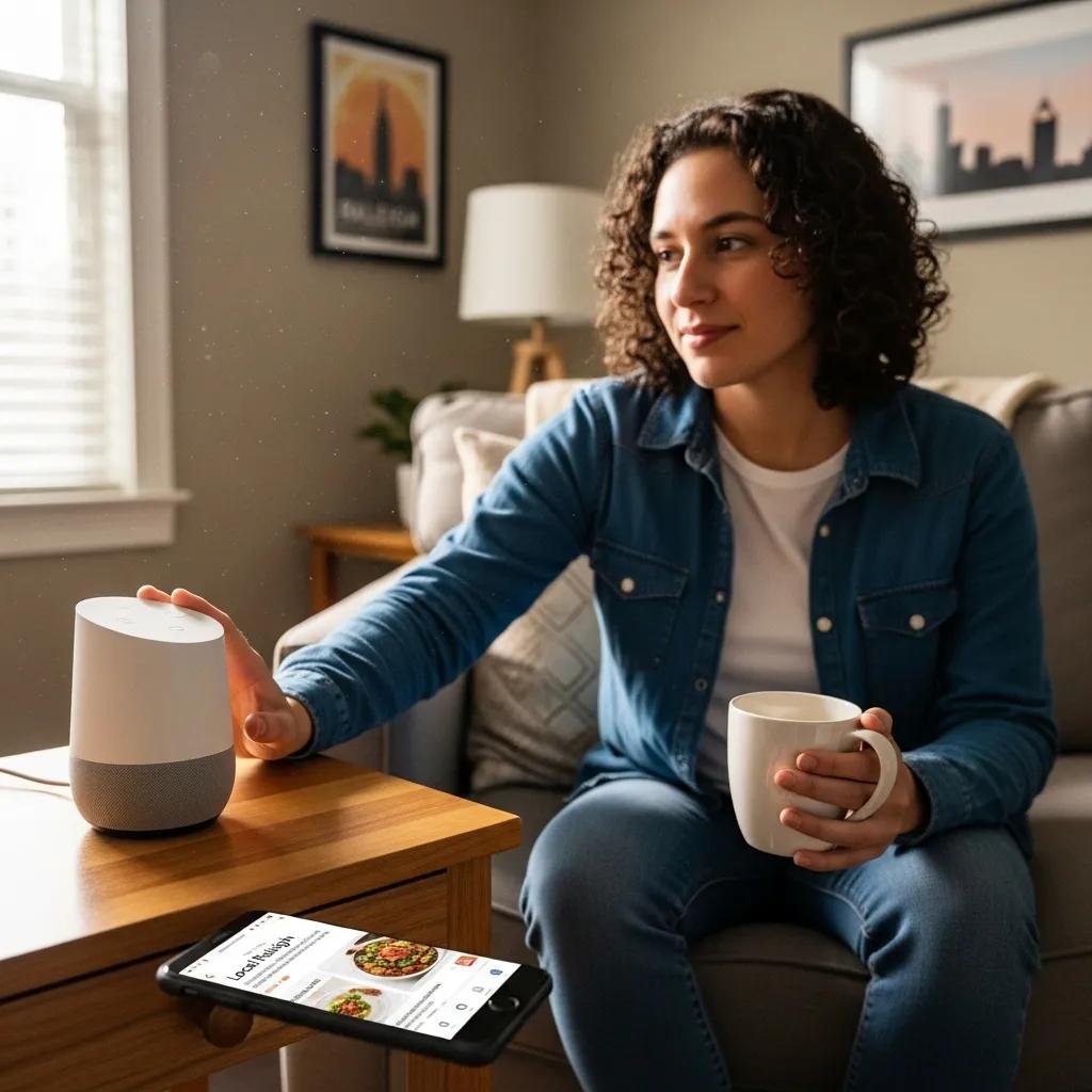 Person using a voice-activated device in a cozy Raleigh setting, emphasizing voice search SEO