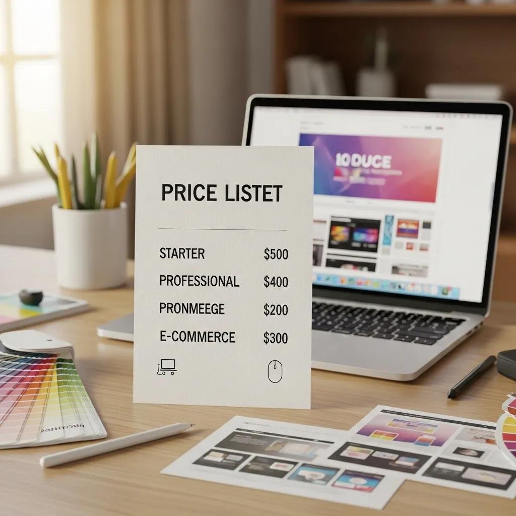 Price list for affordable web design services on a desk with a laptop
