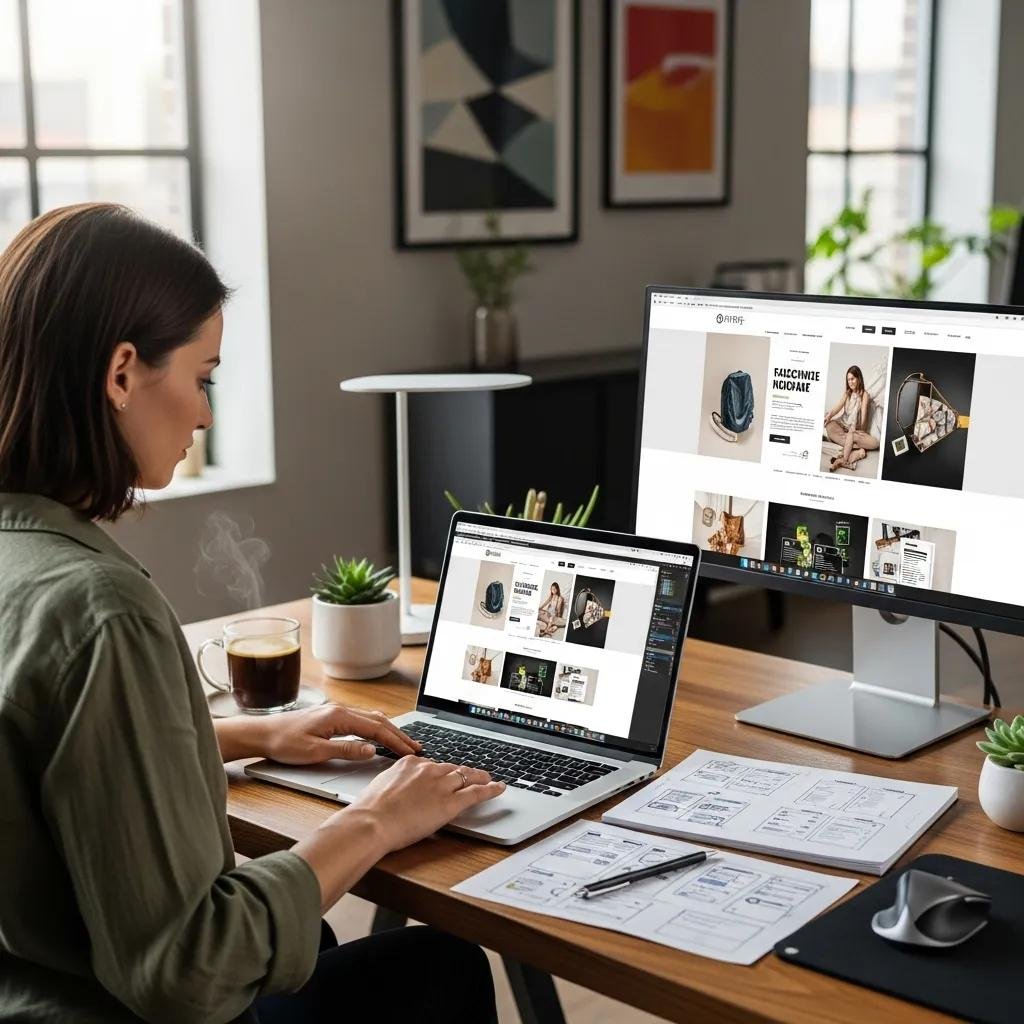Professional web designer creating an SEO-friendly website in a modern office