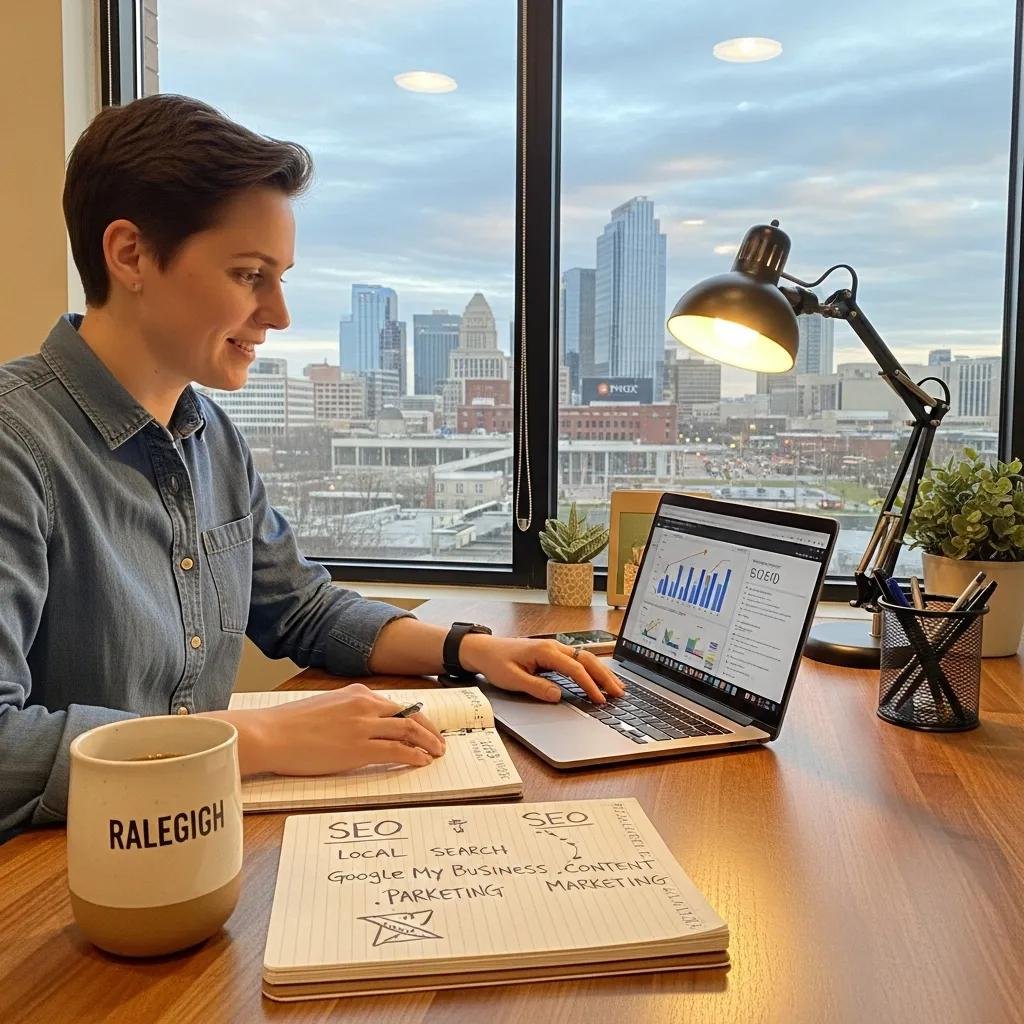 Raleigh business owner reviewing SEO strategies with a laptop and notepad