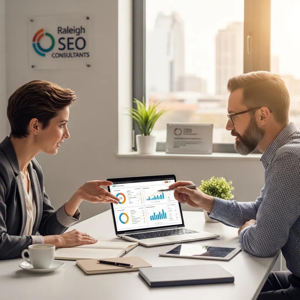 Small business owner consulting with a Raleigh SEO expert about local SEO strategies
