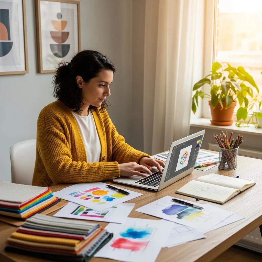 Small business owner designing a website in a cozy office setting