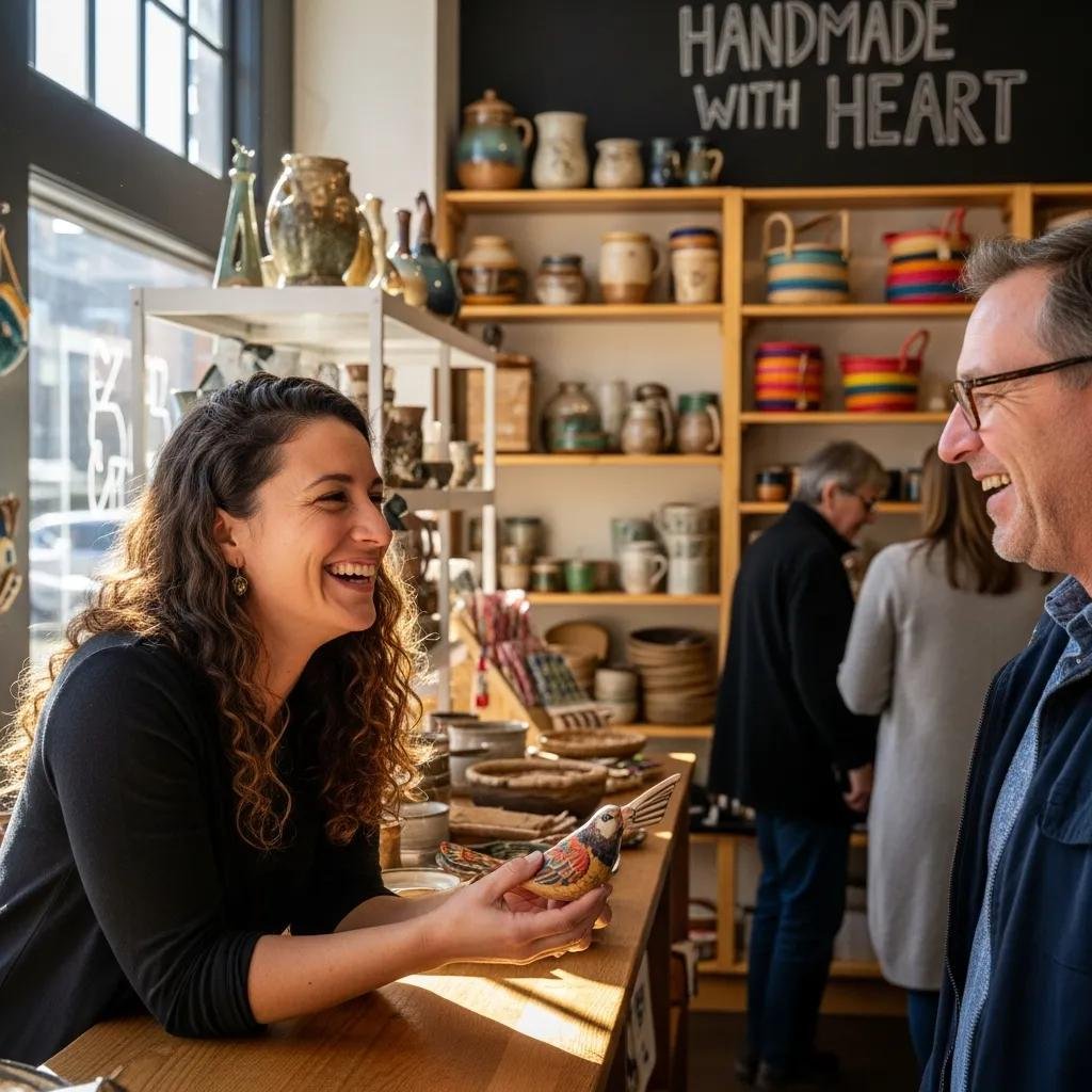 Small business owner engaging with a customer in a local store, showcasing community interaction