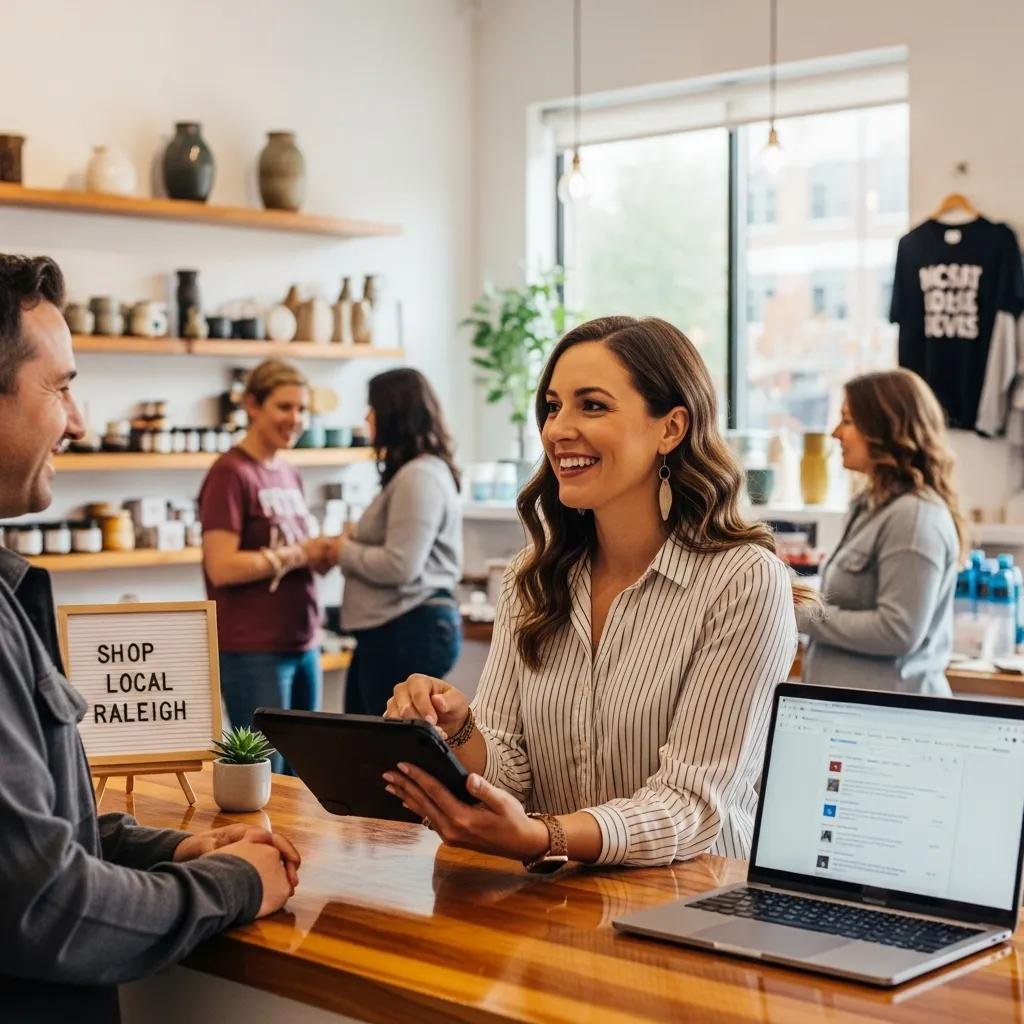 Small business owner engaging with customers in a Raleigh retail environment, emphasizing local SEO strategies
