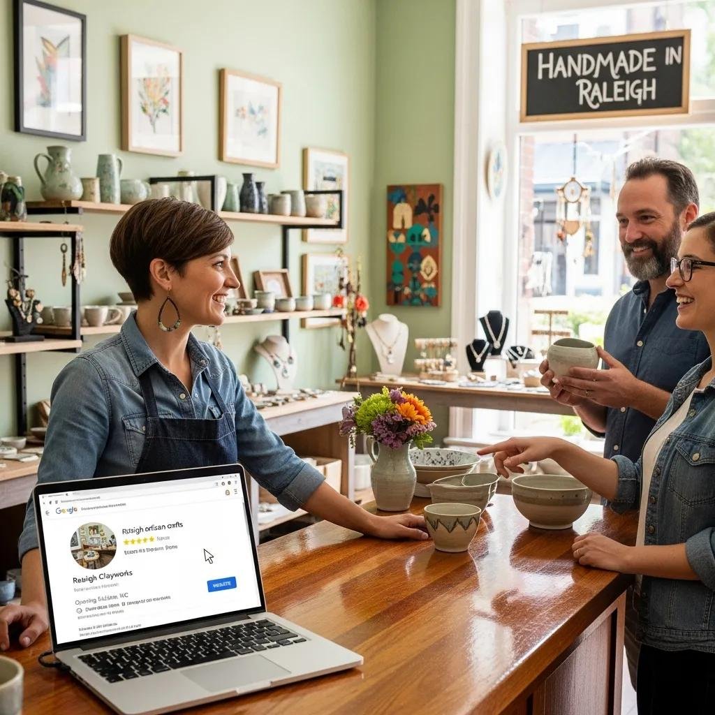 Small business owner in Raleigh engaging with customers, highlighting local SEO importance