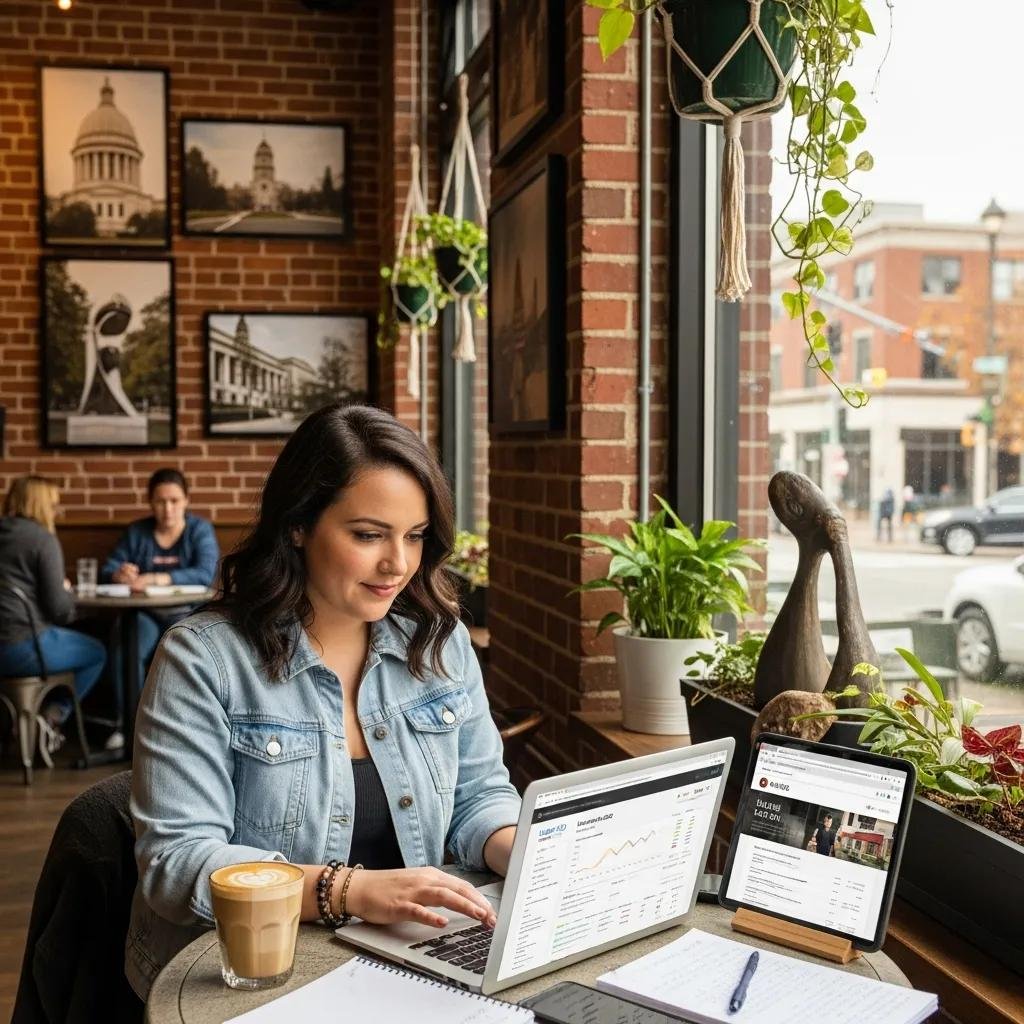 Small business owner in Raleigh optimizing local SEO on a laptop in a café