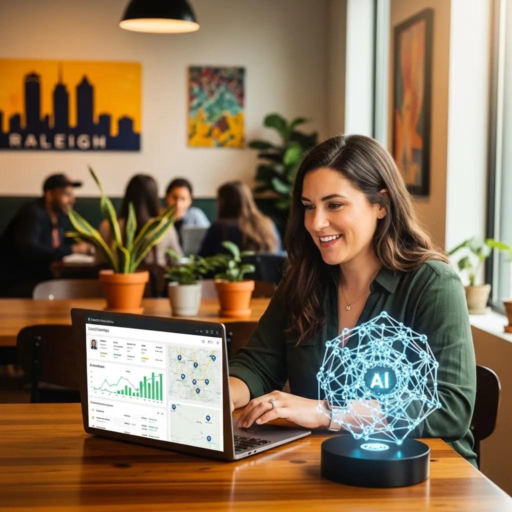 Small business owner in Raleigh utilizing AI for local SEO optimization