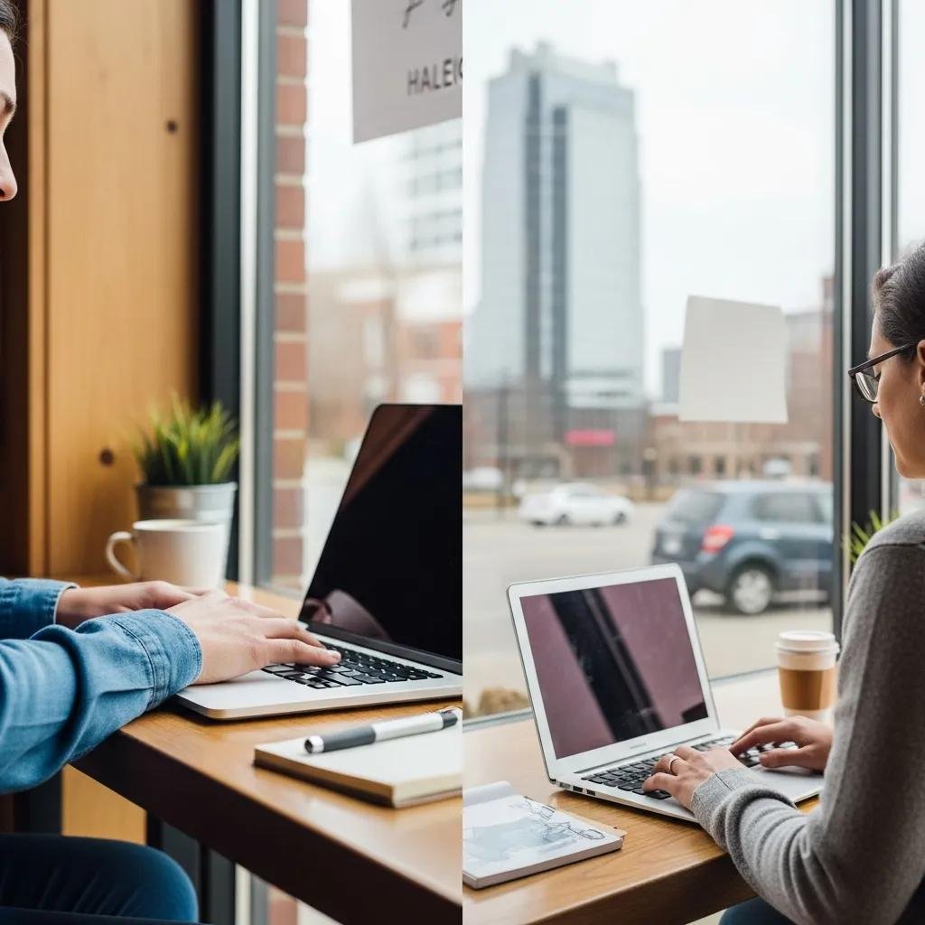 Small business owner in Raleigh working on local SEO strategies in a café