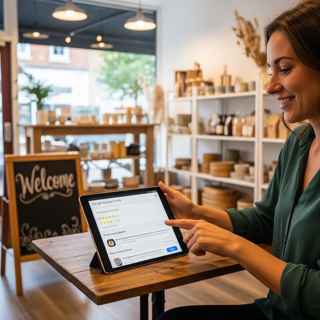 Small business owner optimizing Google Business Profile in a cozy shop environment