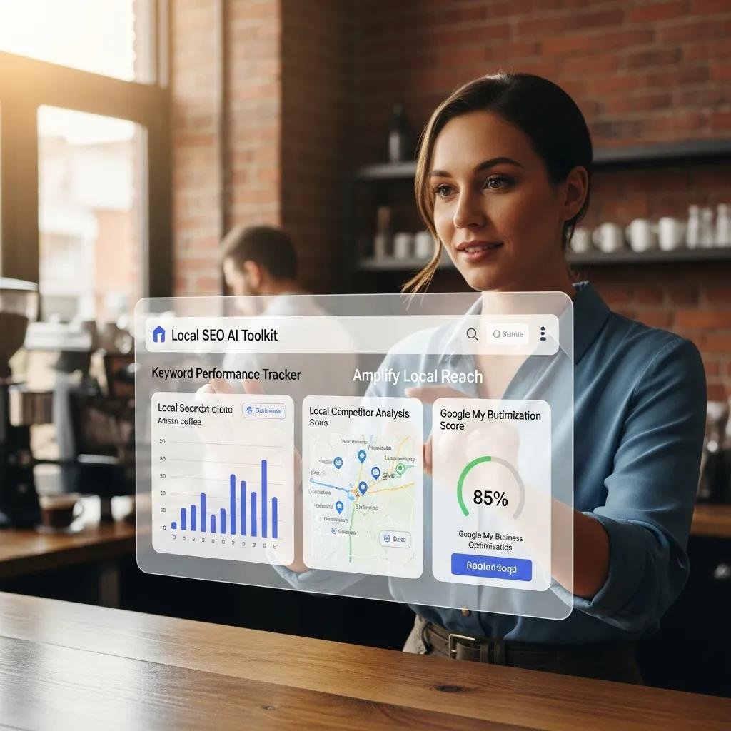 Small business owner using AI tools for local SEO optimization