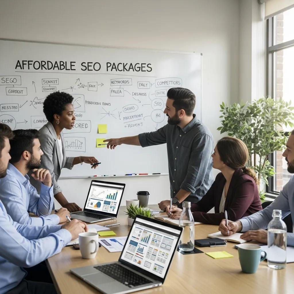 Small business team discussing affordable SEO packages in a conference room