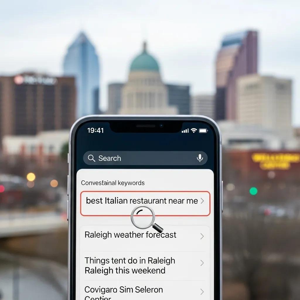 Smartphone displaying voice search results with conversational keywords, highlighting local SEO factors
