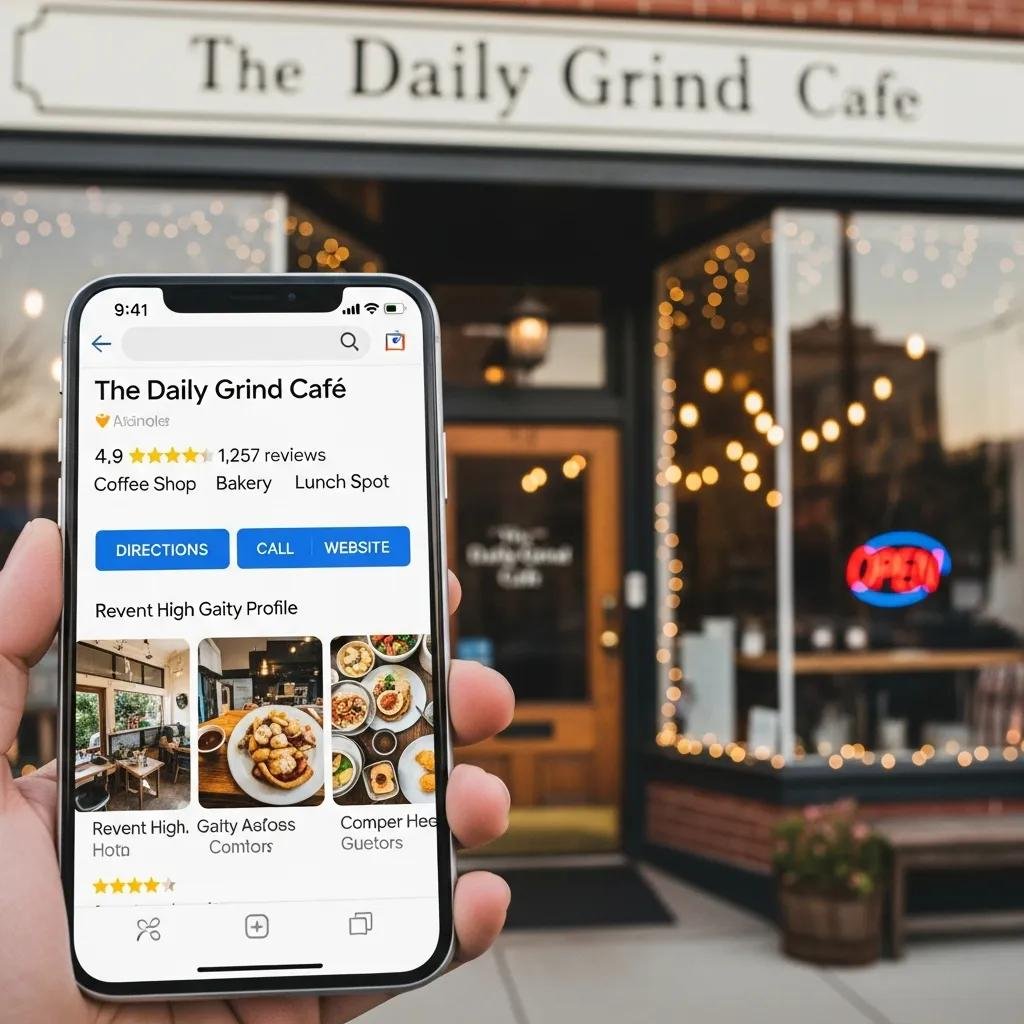 Smartphone showing an optimized Google Business Profile for a local business