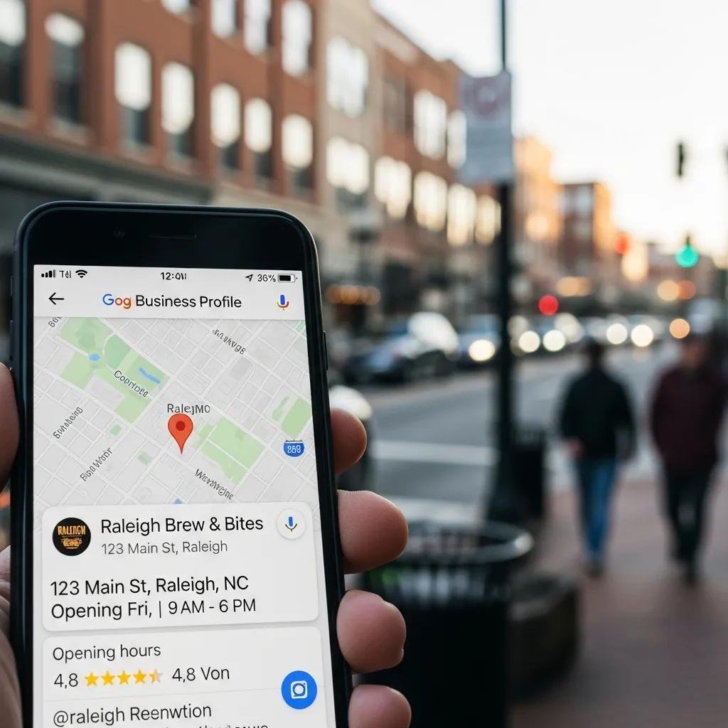 Smartphone showing Google Business Profile with local Raleigh street in background