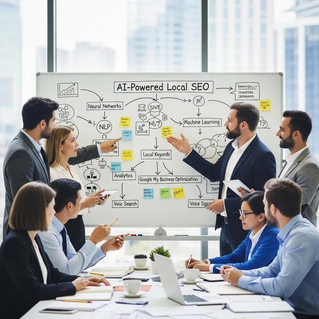 Team of professionals collaborating on AI-powered local SEO strategies with a whiteboard