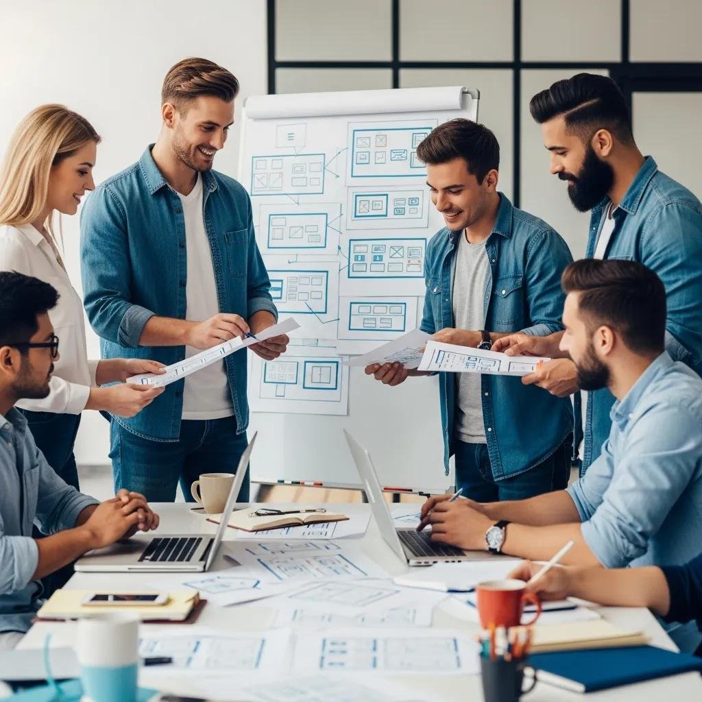 Team of web developers collaborating on UI/UX design in a modern office