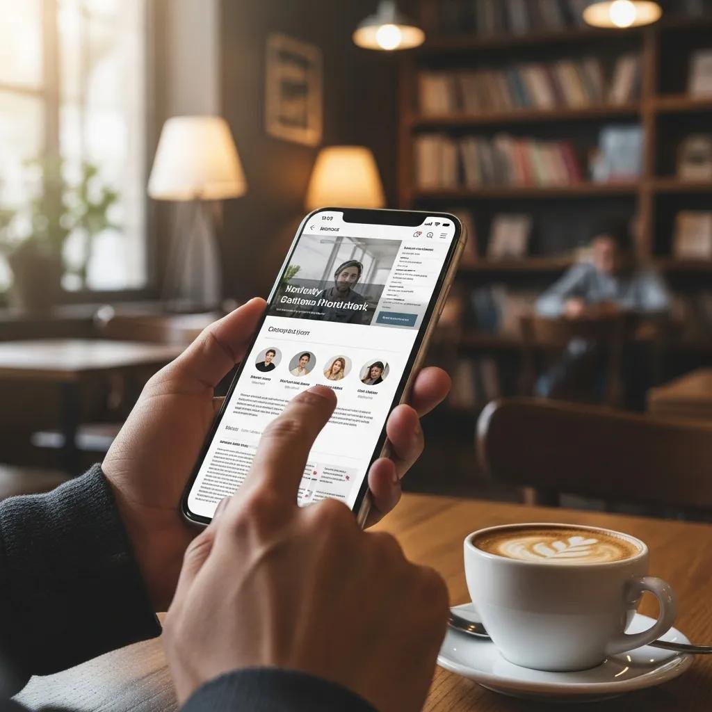 User engaging with a mobile-friendly website in a café setting