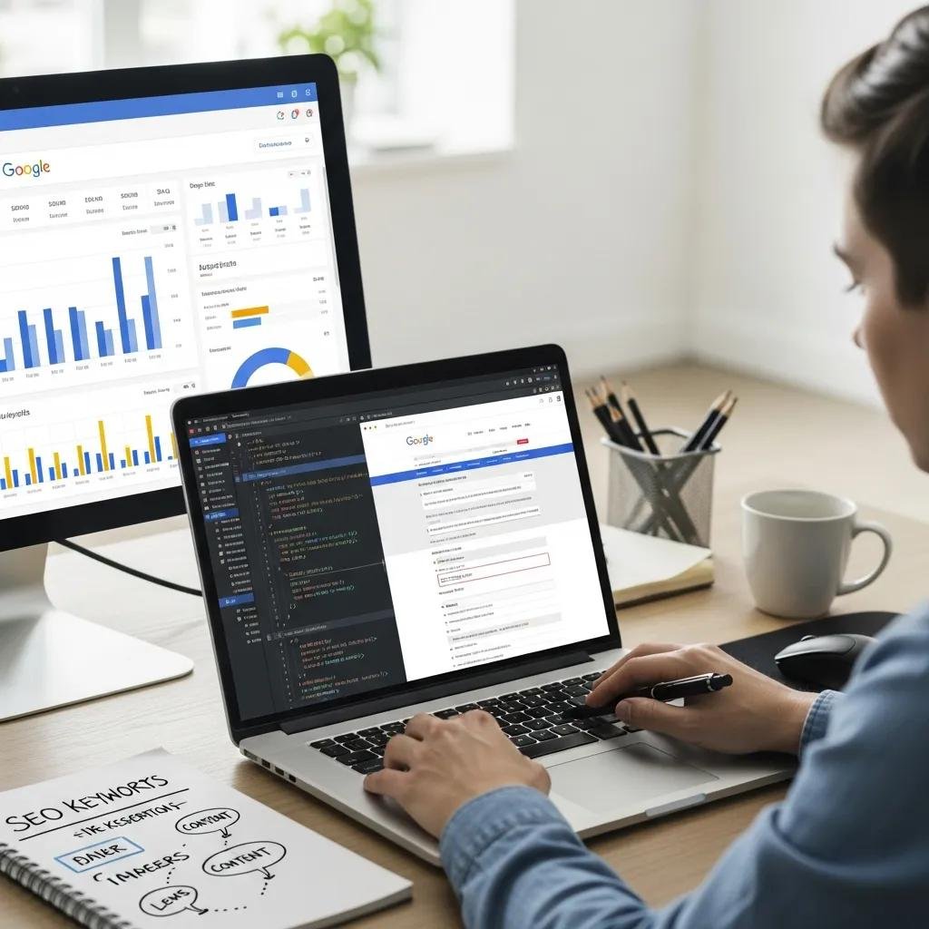 Web developer optimizing on-page SEO elements for a website